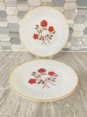 Vintage Termocrisa Milk Glass Set of 2 Floral Gold Tone-Rimmed 9-Inch Plates